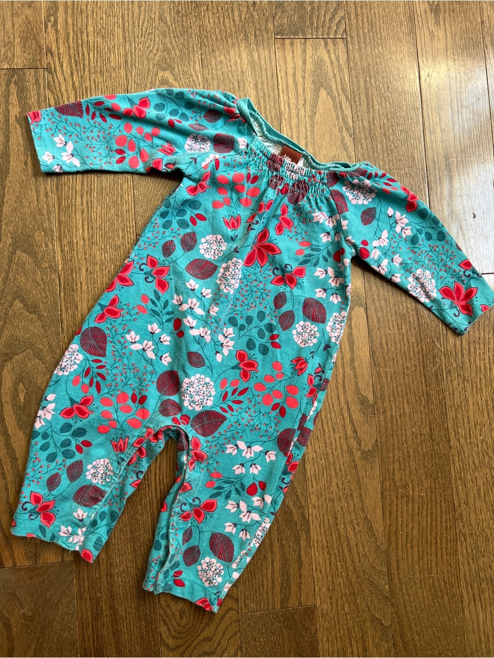 Tea Turquoise Floral Baby Romper with Red & White Accents 3-6 months